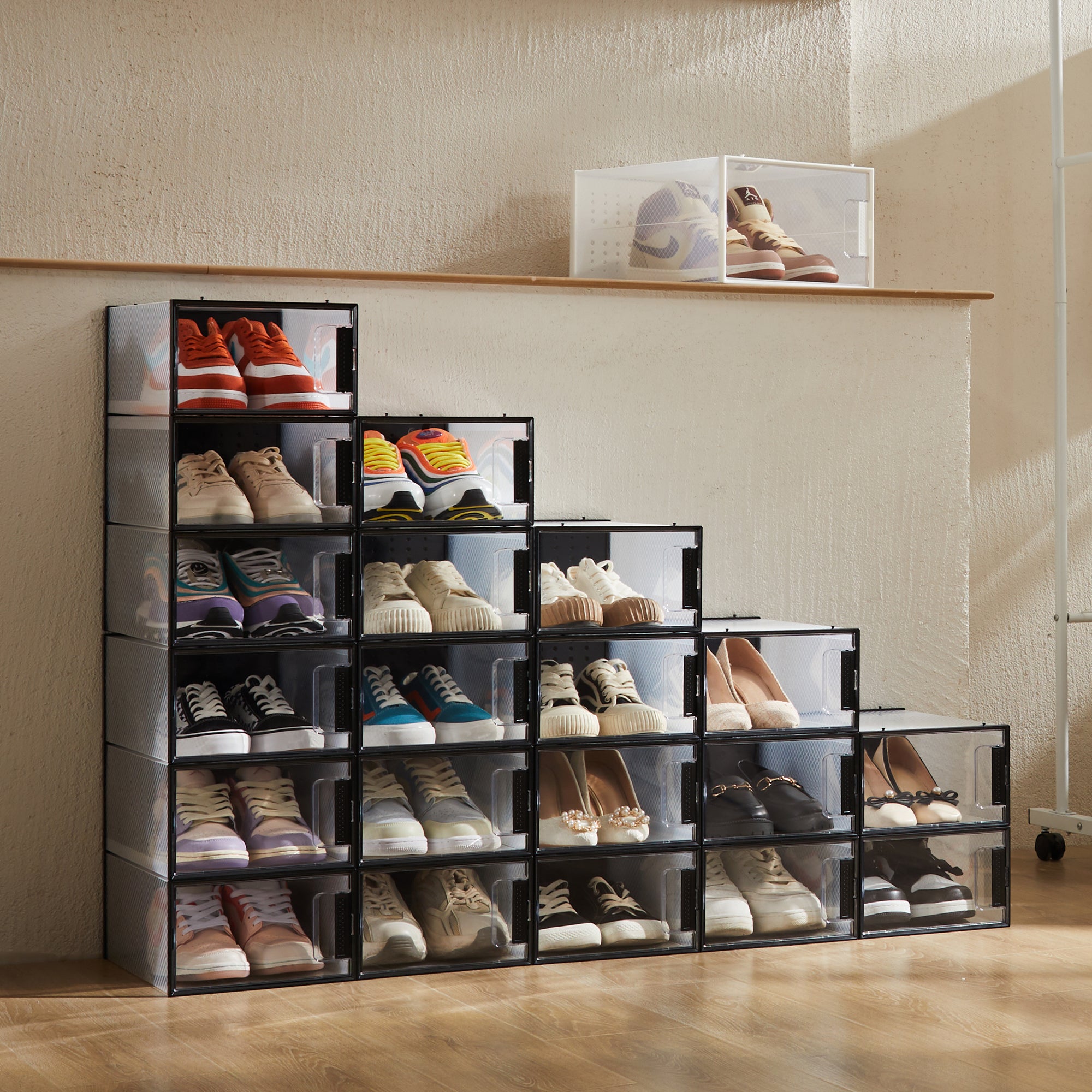 Pinkpum Shoe Organizer Storage Boxes for Closet, Clear Plastic Stackable Sneaker Storage Containers Bins with Lids, Clear Shoe Case Containers, Fit up to Size 9,12 Pack