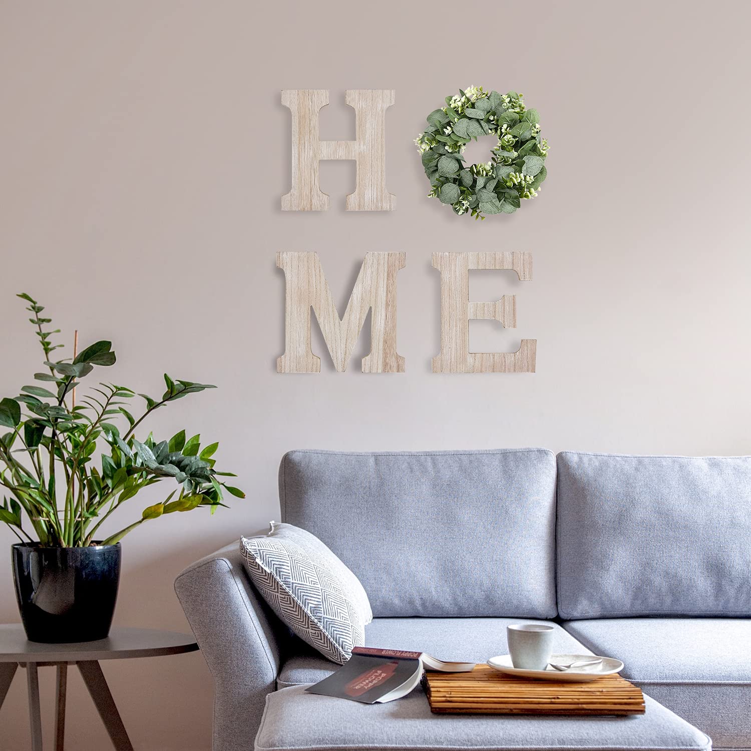 Wooden Home Sign Wall Hanging Decor Wood Home Letters for Wall Art with Artificial Eucalyptus Wreath Rustic Home Decor Farmhouse, Wall Decor for Living Room Entryway Housewarming Gift (Natural)