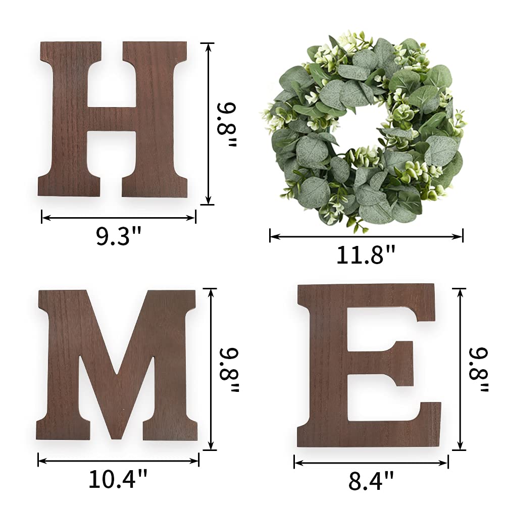 Home Sign Wall Decor Wooden Hanging Wood Home Letters for Wall Art with Artificial Eucalyptus Wreath Rustic Home Decor Farmhouse, Wall Decor for Living Room Kitchen Entryway Housewarming Gift (Brown)