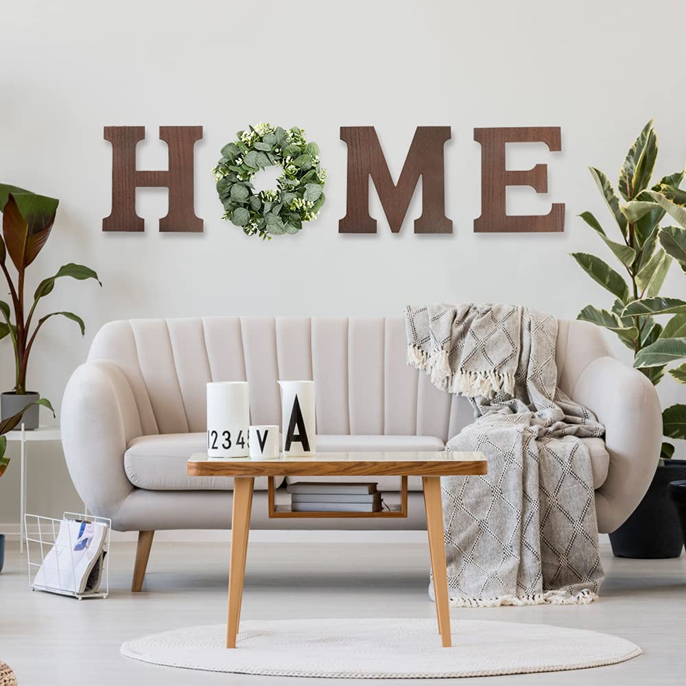 Home Sign Wall Decor Wooden Hanging Wood Home Letters for Wall Art with Artificial Eucalyptus Wreath Rustic Home Decor Farmhouse, Wall Decor for Living Room Kitchen Entryway Housewarming Gift (Brown)