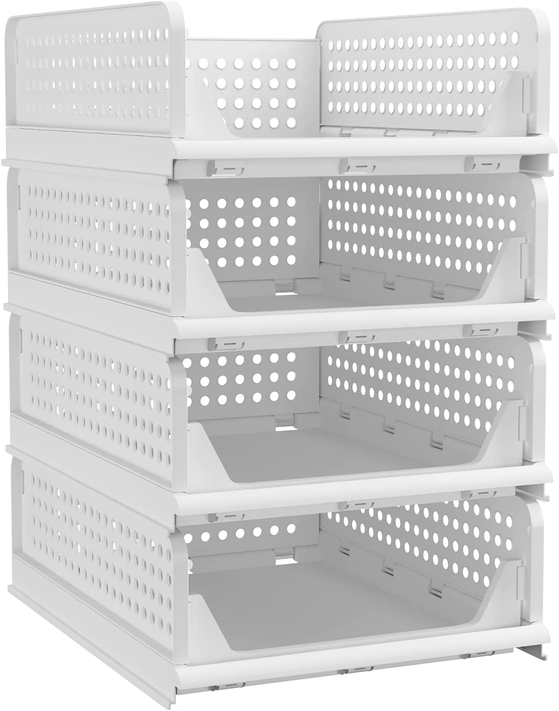 PINKPUM Stackable Plastic Storage Basket-Foldable Closet Organizers and Storage Bins 4 Pack-Drawer Shelf Storage Container for Wardrobe Cupboard Kitchen Bathroom Office