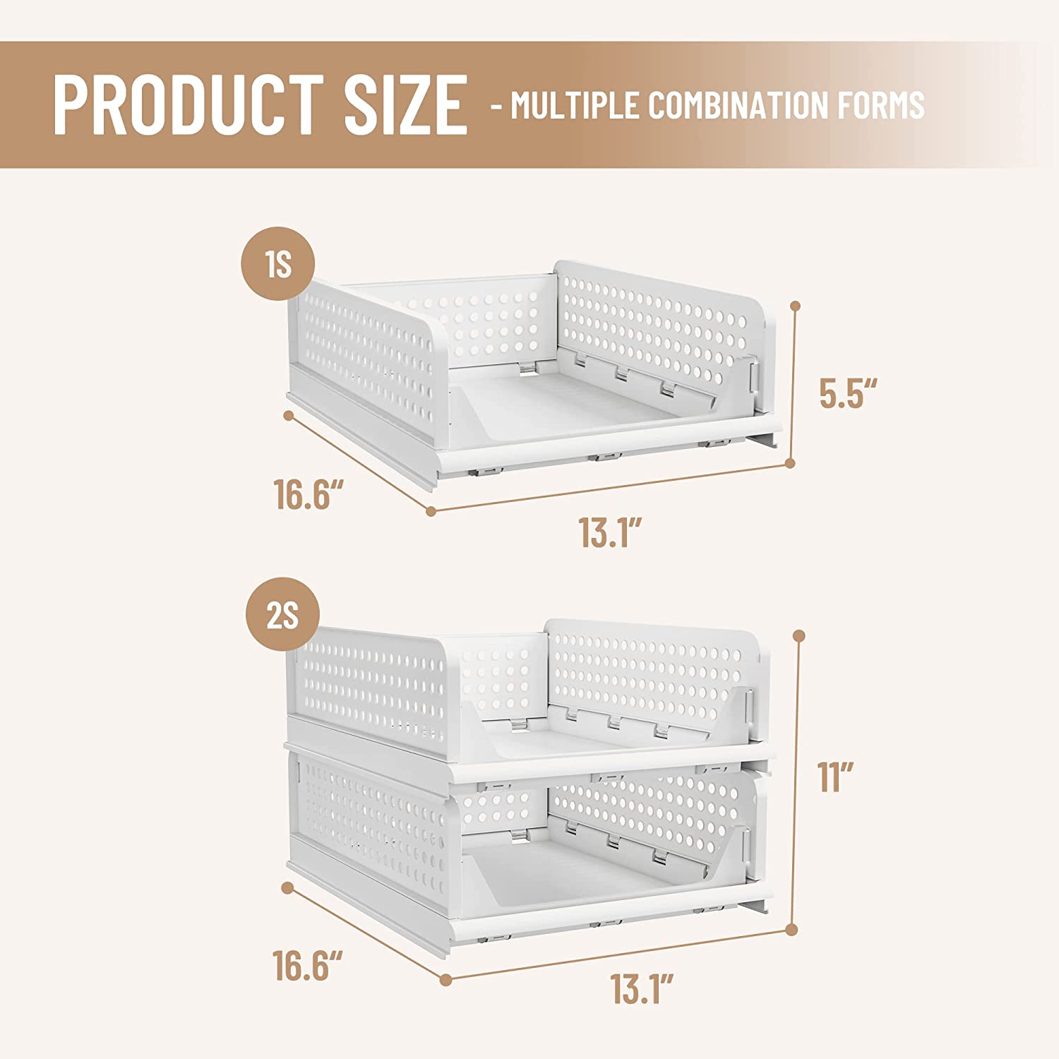 PINKPUM Stackable Plastic Storage Basket-Foldable Closet Organizers and Storage Bins 2 Pack-Drawer Shelf Storage Container for Wardrobe Cupboard Kitchen Bathroom Office