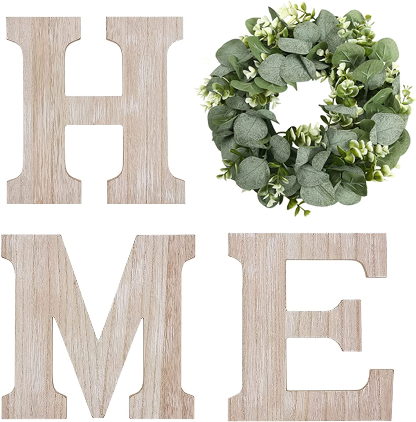 Wooden Home Sign Wall Hanging Decor Wood Home Letters for Wall Art with Artificial Eucalyptus Wreath Rustic Home Decor Farmhouse, Wall Decor for Living Room Entryway Housewarming Gift (Natural)