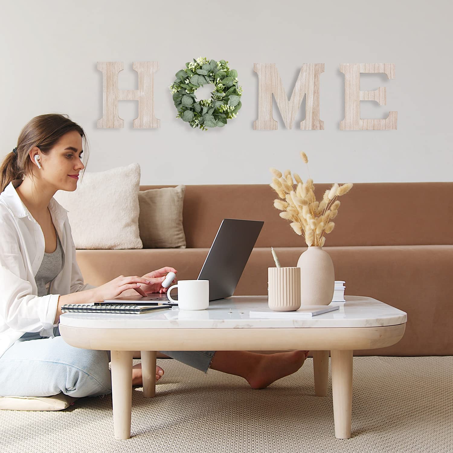 Wooden Home Sign Wall Hanging Decor Wood Home Letters for Wall Art with Artificial Eucalyptus Wreath Rustic Home Decor Farmhouse, Wall Decor for Living Room Entryway Housewarming Gift (Natural)