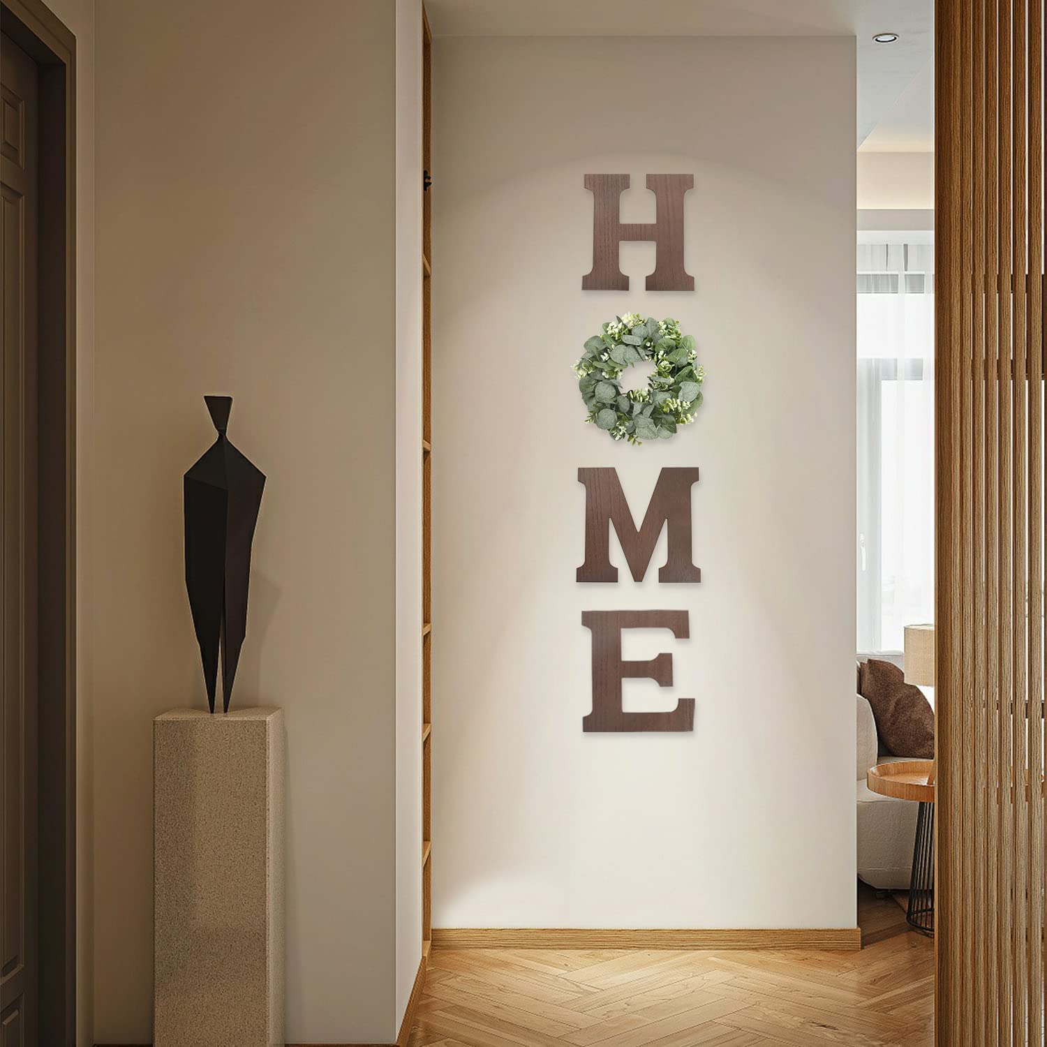Home Sign Wall Decor Wooden Hanging Wood Home Letters for Wall Art with Artificial Eucalyptus Wreath Rustic Home Decor Farmhouse, Wall Decor for Living Room Kitchen Entryway Housewarming Gift (Brown)