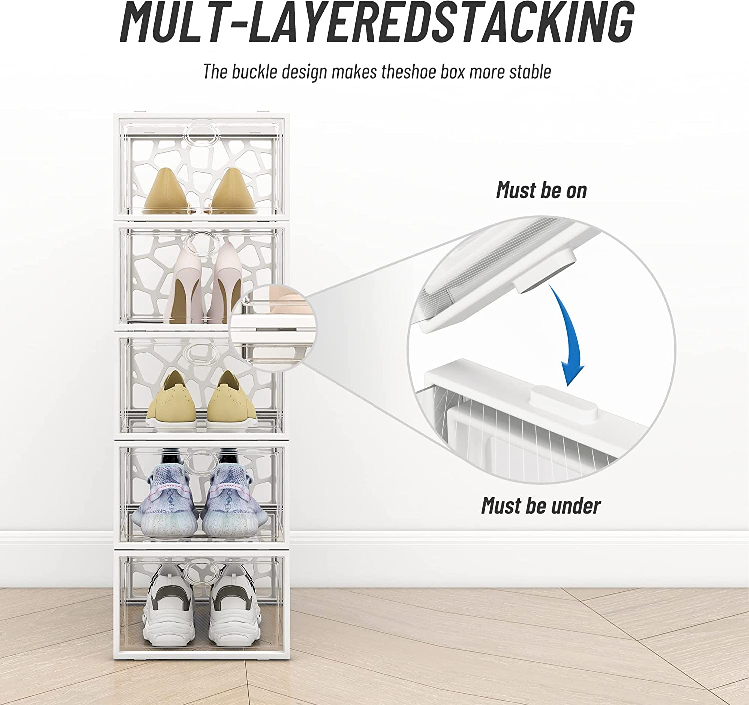 PINKPUM Large Shoe Boxes Clear Plastic Stackable, 12 Pack Shoe Storage Box Organizer for Closets, Foldable Sneaker Storage Fit for Size 11