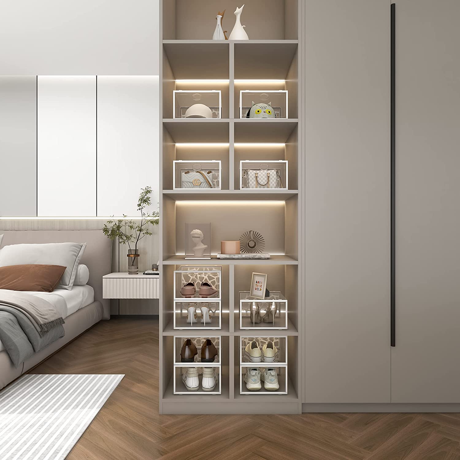 PINKPUM Large Shoe Boxes Clear Plastic Stackable, 12 Pack Shoe Storage Box Organizer for Closets, Foldable Sneaker Storage Fit for Size 11