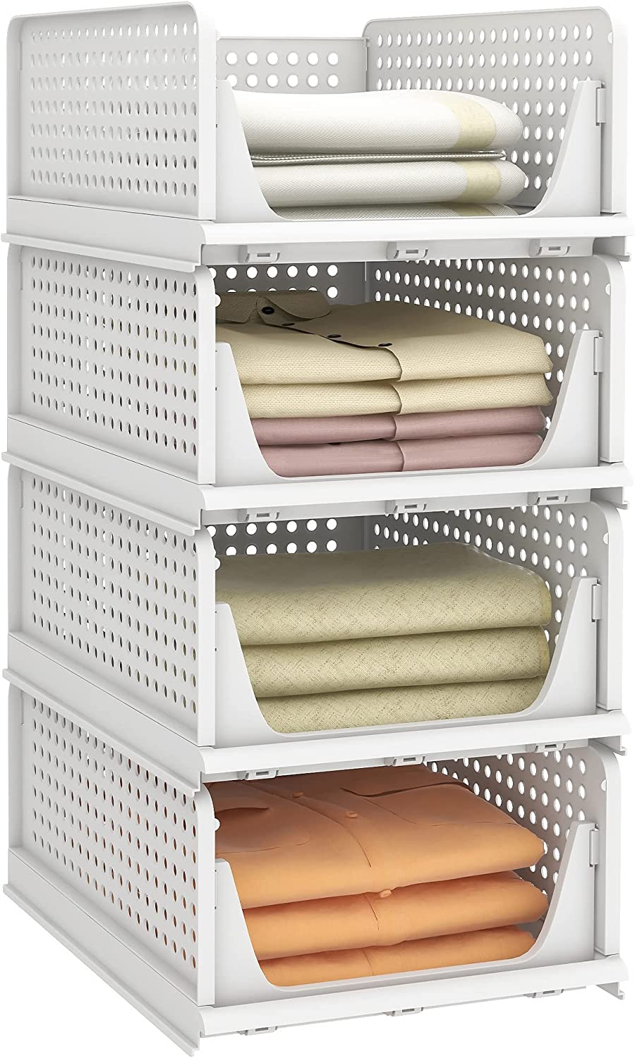 PINKPUM Stackable Plastic Storage Basket-Foldable Closet Organizers and Storage Bins 4 Pack-Drawer Shelf Storage Container for Wardrobe Cupboard Kitchen Bathroom Office