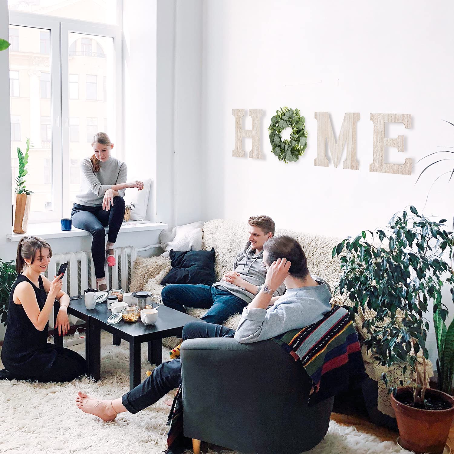 Wooden Home Sign Wall Hanging Decor Wood Home Letters for Wall Art with Artificial Eucalyptus Wreath Rustic Home Decor Farmhouse, Wall Decor for Living Room Entryway Housewarming Gift (Natural)