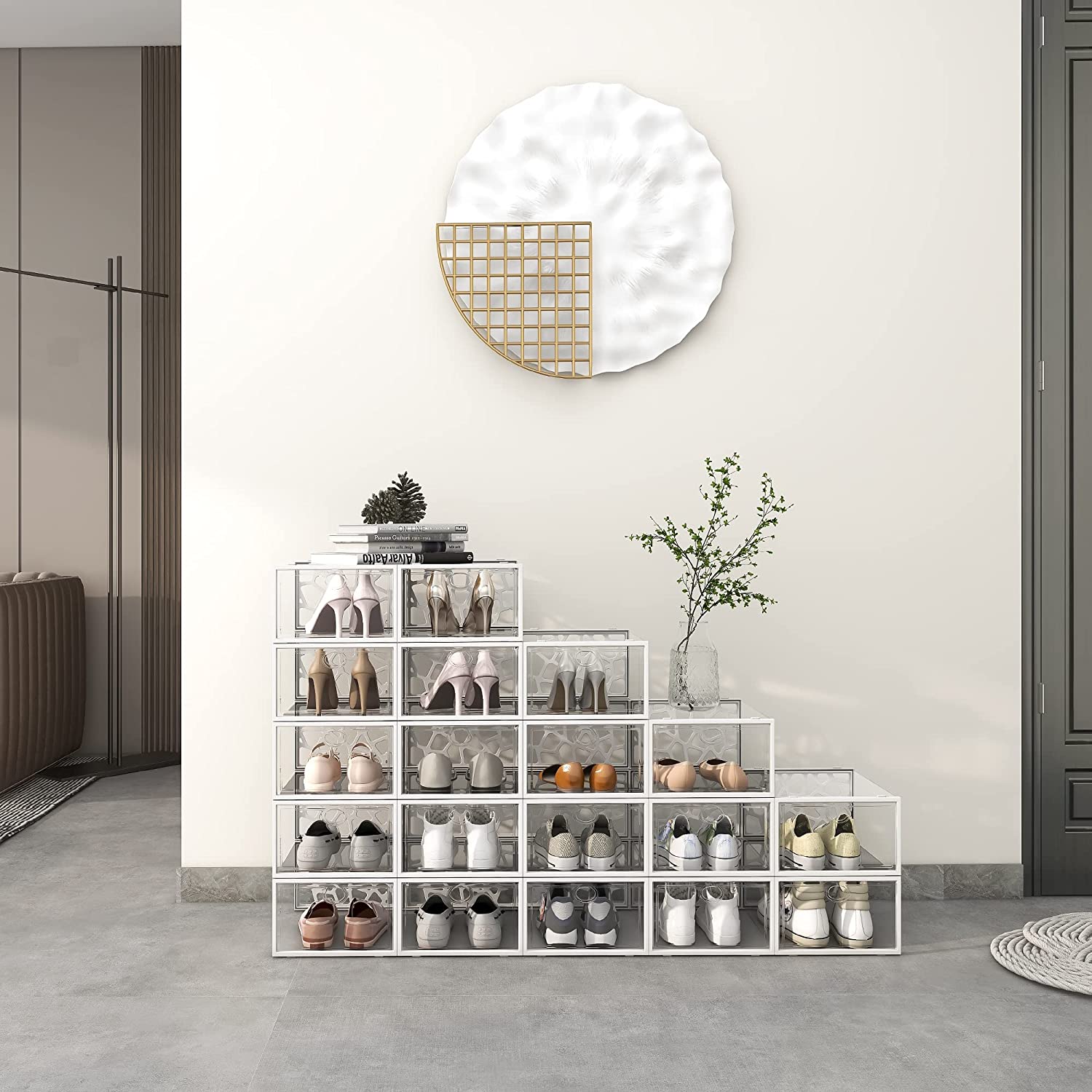 PINKPUM Large Shoe Boxes Clear Plastic Stackable, 12 Pack Shoe Storage Box Organizer for Closets, Foldable Sneaker Storage Fit for Size 11